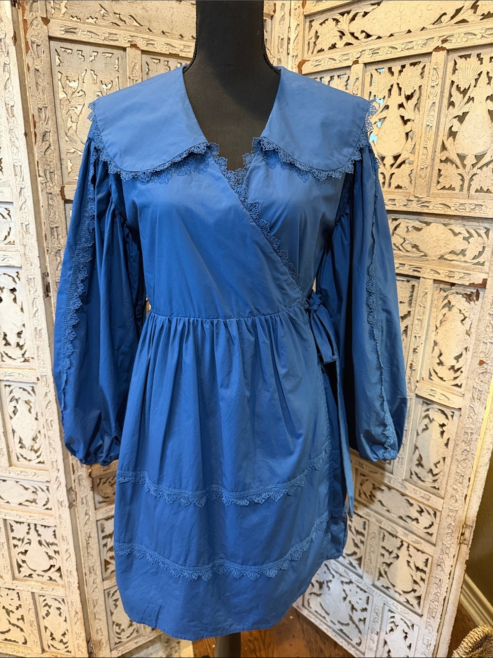 Blue Lace-Trim Wrap 100 cotton Mini Dress with Puff Sleeves